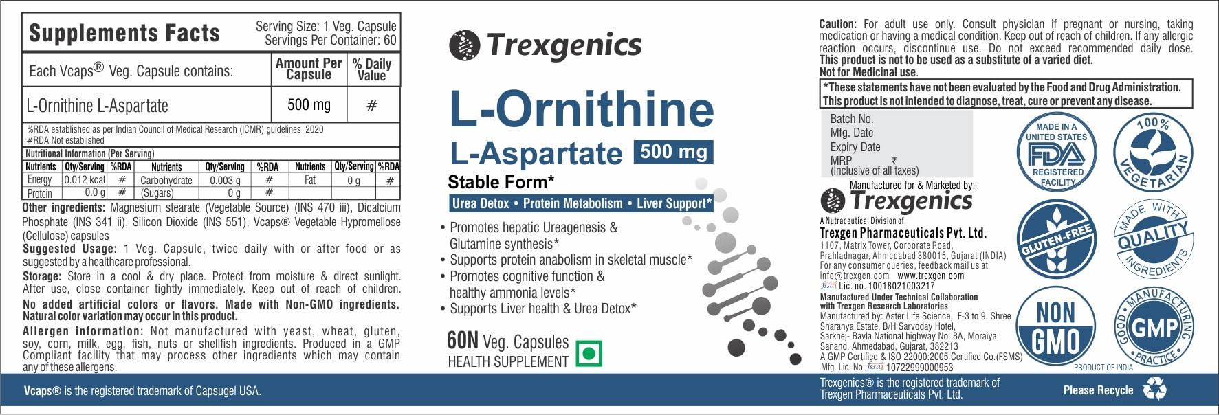 Trexgenics Trexgenics® L-ORNITHINE Stable form as L-Aspartate 500mg Urea Detox, Protein Metabolism, Liver Support (60 Vcaps) (1)