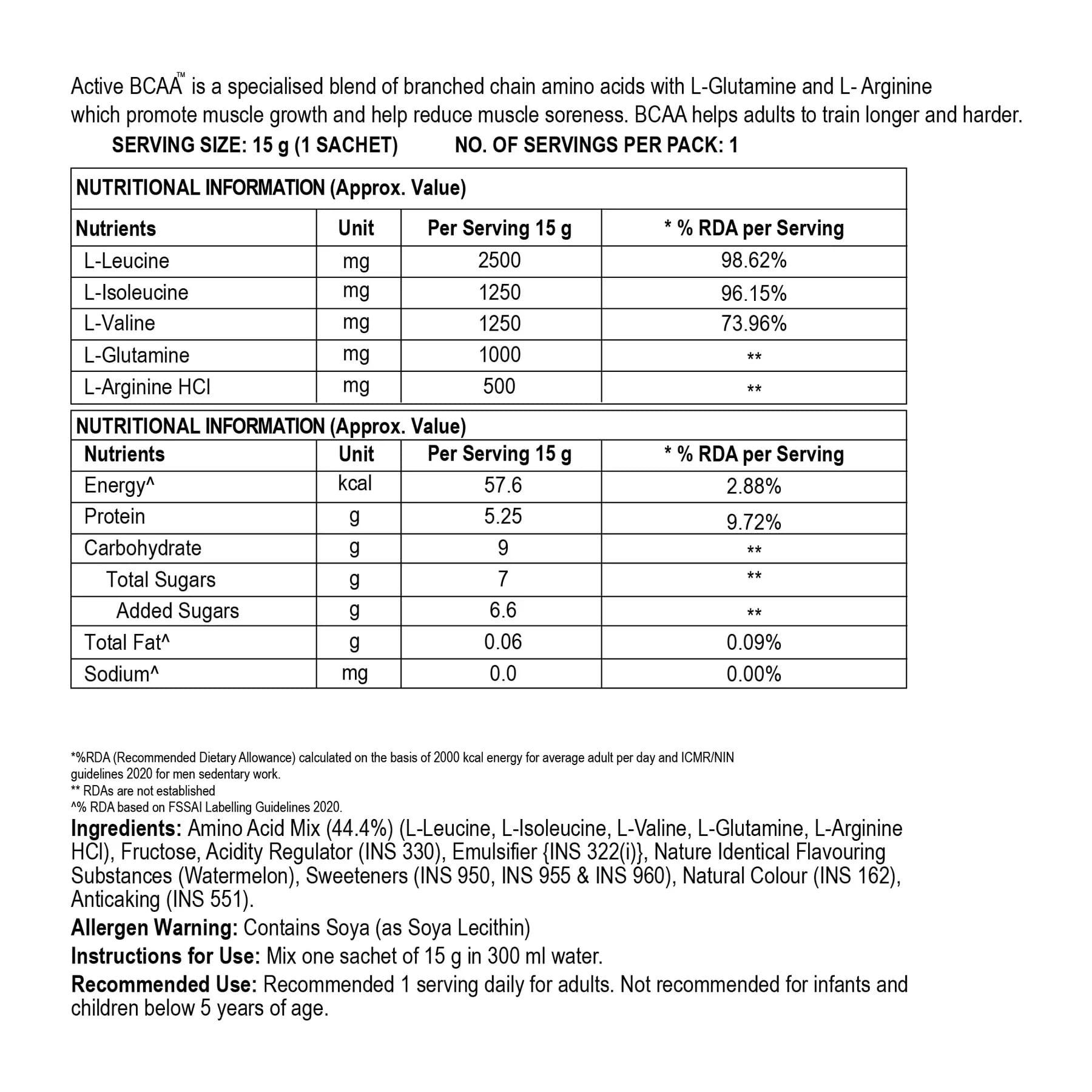 Steadfast Nutrition Steadfast Nutrition Active BCAA | Pre Workout BCAA Supplement in 2:1:1 Ratio | Muscle Recovery & Endurance, Intra workout | BCAA with L-Glutamine & L-Arginine | Watermelon Flavour (450g, 30 Sachets)