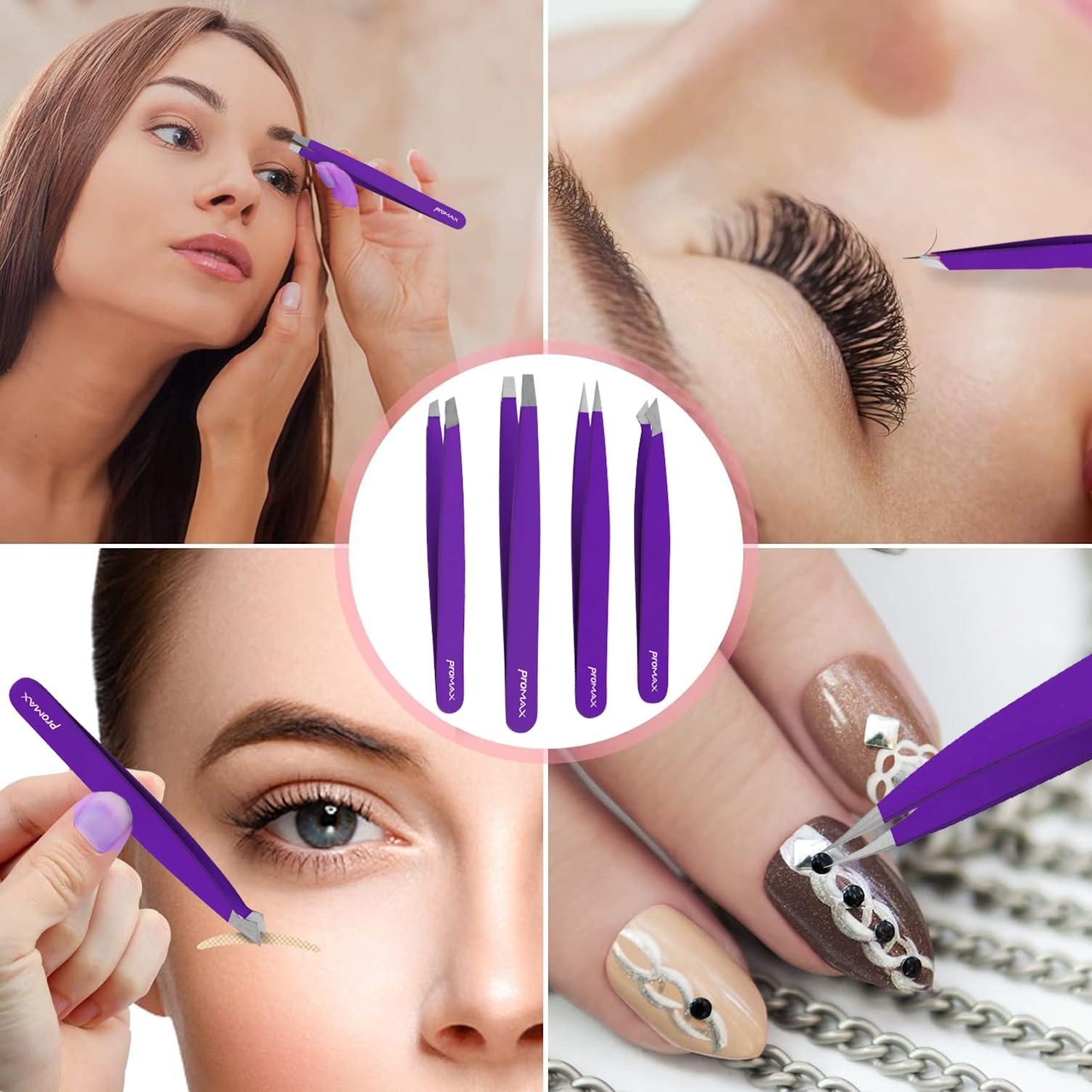 PROMAX Promax Care EyeBrow 4-piece Tweezers Set;-for Eyebrow Plucking, Ingrown Hair -Best for Eyebrow Hair, Facial Hair Removal,Splinter - Stainless Steel Precision Sharp- Pointy Ends Meet Perfectly (Purple)
