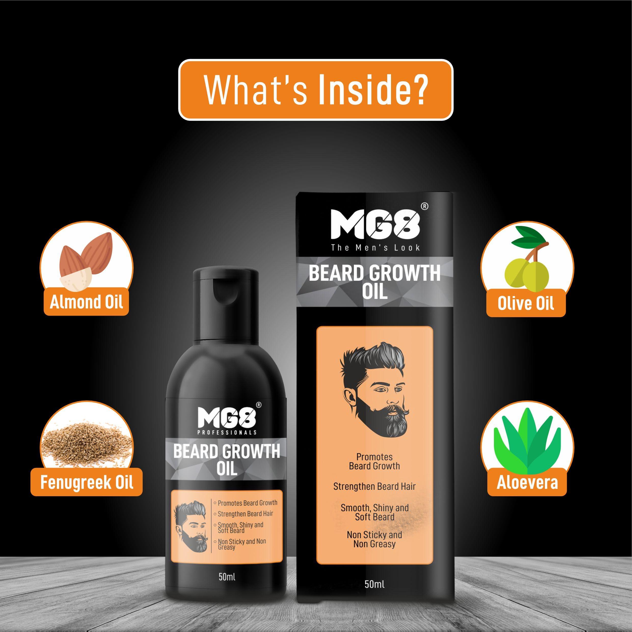MG8 MG8 Beard Oil For Men Fast Growth | Promotes Beard Growth, Repairs Damaged Hair, Strengthen Beard Hair, Smooth, Shiny & Soft Beard, Non Sticky & Non Greasy Beard Growth Oil 50 Ml