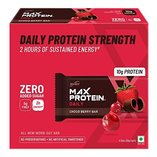RiteBite Max Protein RiteBite Max Protein Daily Choco Berry Protein Bars with 10g Protein, 5g Fiber & 21 Vit. & Minerals | 0 Added Sugar, No Cholesterol & Trans Fat For Upto 2h of Energy, Healthy Snack, 50g (Pack of 6)