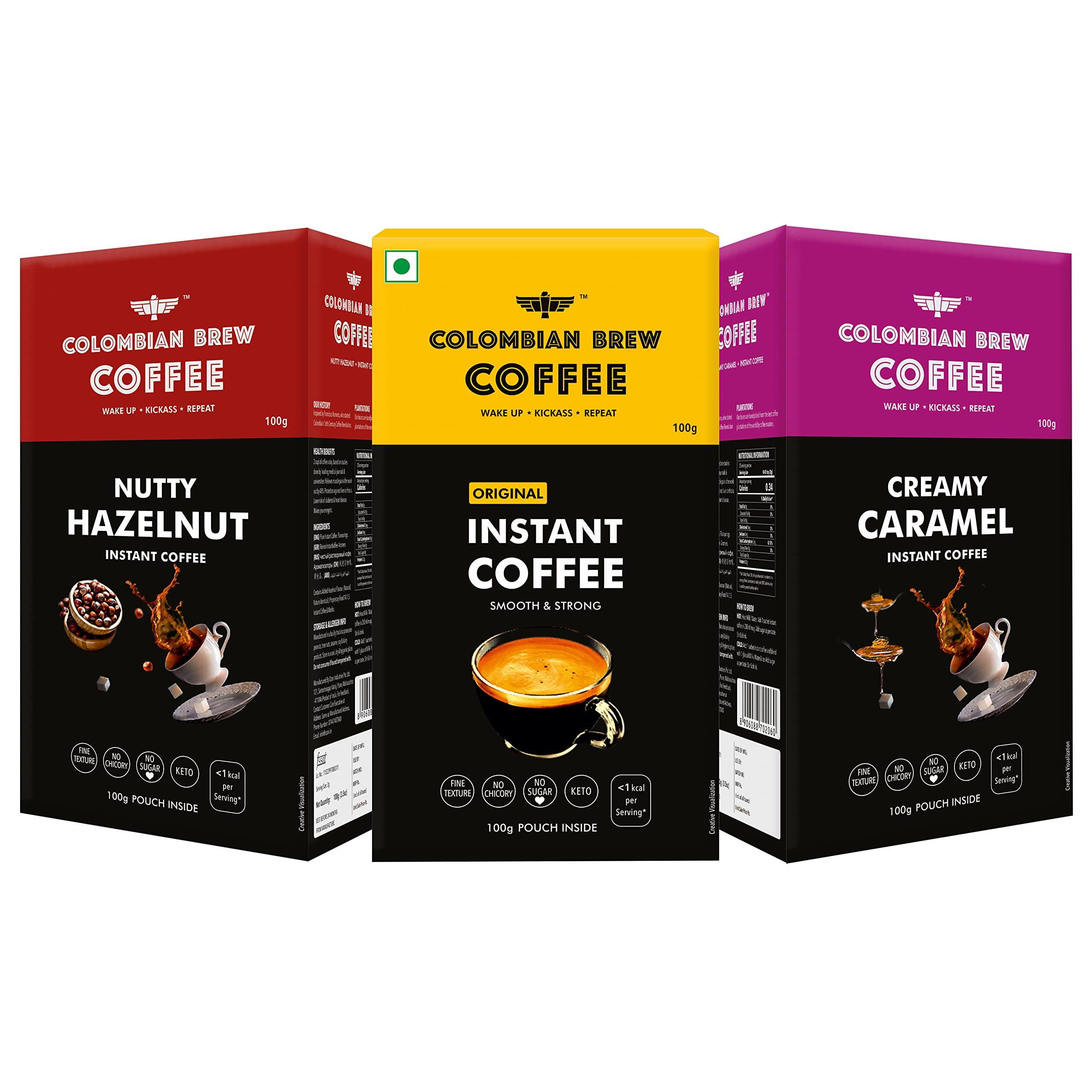 COLOMBIAN BREW COFFEE Colombian Brew Coffee Powder Pure Instant 100g, Hazelnut Instant 100g, Caramel Instant 100g, Buy 2 Get 1 Free