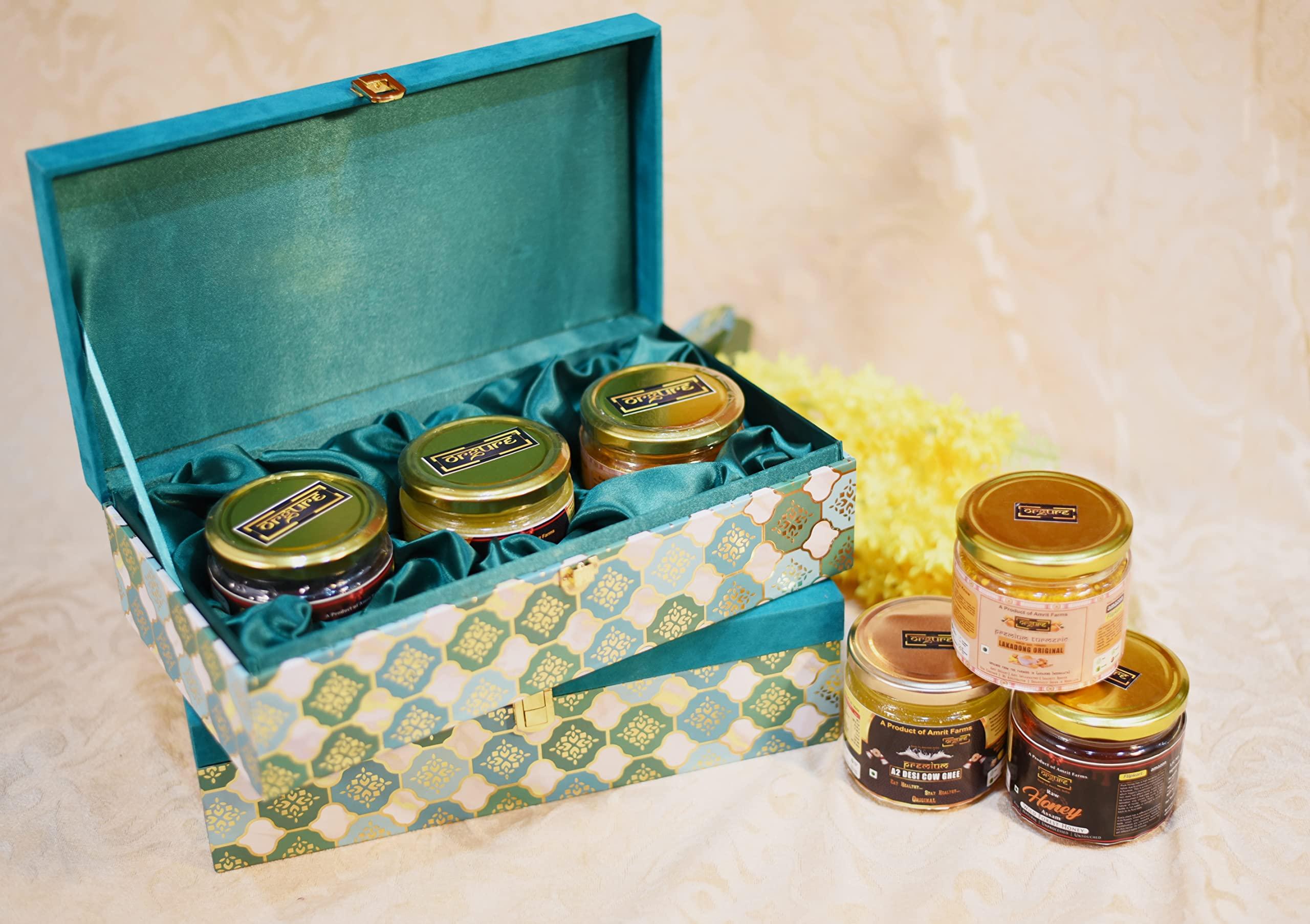 ORGURE Orgure Organic & Healthy Gift Hamper | A2 Desi Bilona Ghee | Raw Wild Forest Honey from Meghalaya | Lakadong Original Turmeric | Natural | Unprocessed | Immunity Booster (Mini)