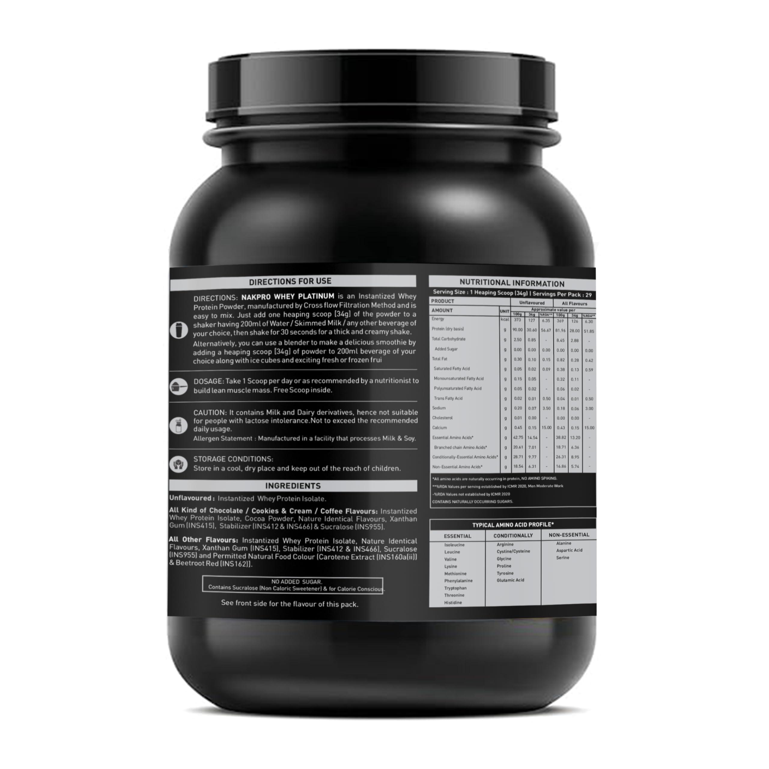 NAKPRO NAKPRO Platinum Whey Protein Isolate 90%, 1kg Unflavoured, Jar | 31g Protein, 7g BCAA | Trustified Certified 100% Authentic Supplement Powder & No Adulteration | Low Carbs, Fast Absorbing Whey Protein Powder