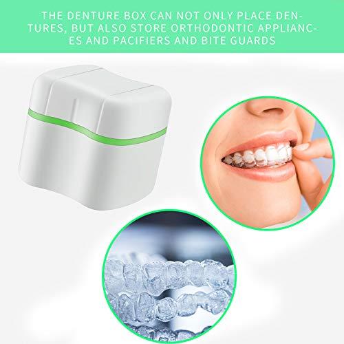Patelai 2 Denture Bath Cases with 2 Denture Cleaner Brushes Denture Boxes Dentures Container with Basket Denture Holder Brush Retainer Case for Travel Retainer Cleaning (Green, Purple)