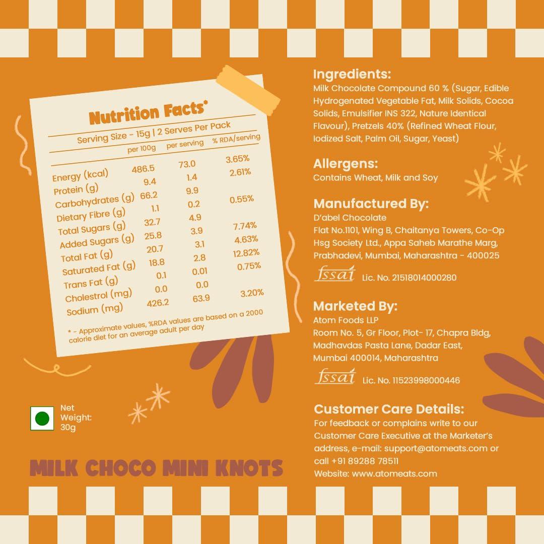 Atom Eats Atom Eats | Milk Choco Dipped Pretzels: Choco Dipped Mini Salted Pretzel Knots 100g - Rich Milk Chocolate - Perfect Snacks for Sharing, Parties - Imported Chocolates, Versatile Delight