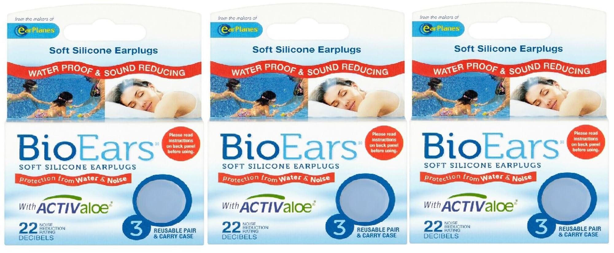 BioEars BioEars 3 Pair Soft Silicone EarPlugs, Bio Ears, 3 Pair (Pack of 3) Sound Reducing ear Plugs, for Sleep, Study, Meditation, Swim, Reusable, Carry Case, With Activ Aloe