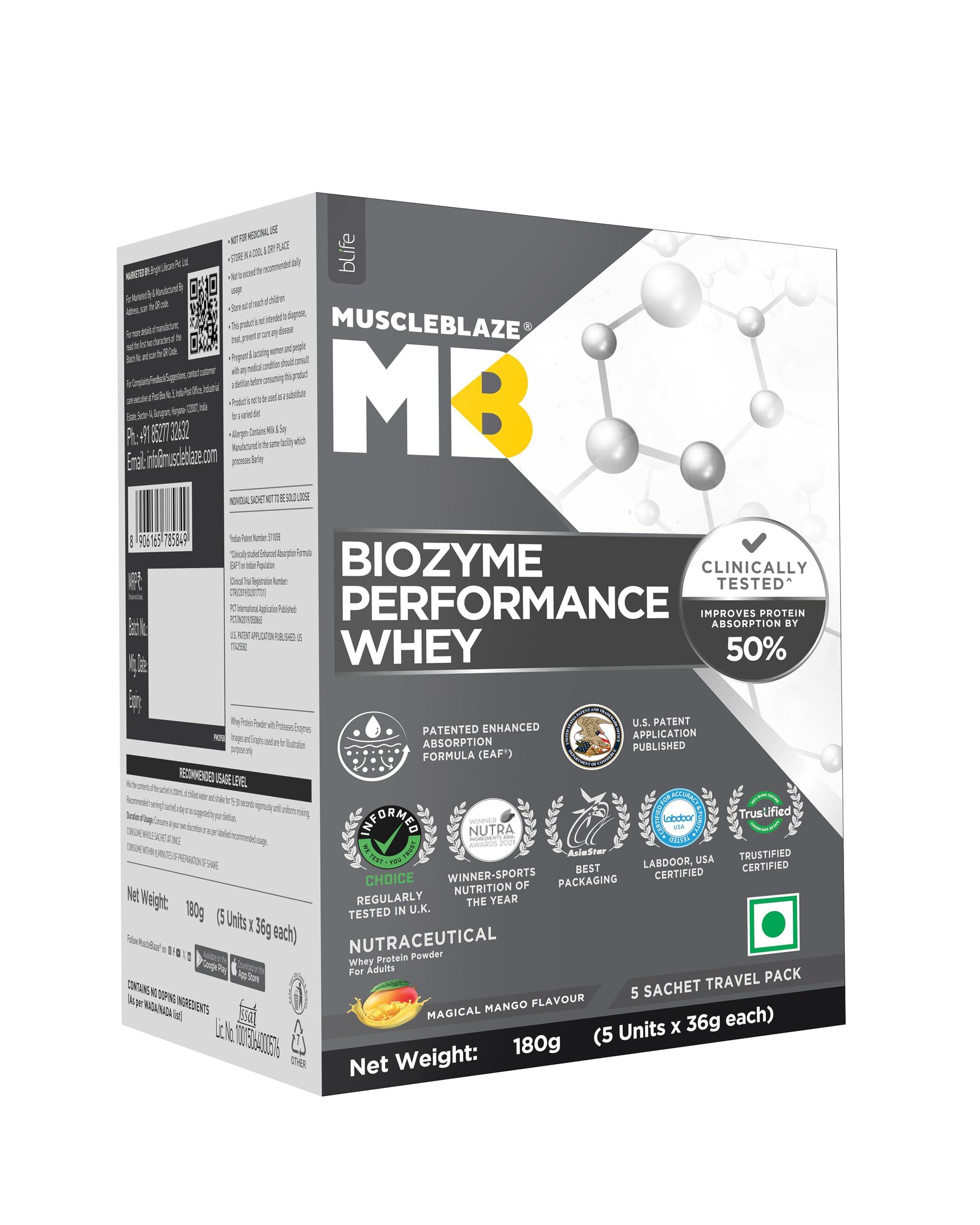 MuscleBlaze MuscleBlaze Biozyme Performance Whey Protein 5 Sachet Travel Pack (5x36g) | Magical Mango | Clinically Tested 50% Higher Protein Absorption, Informed Choice UK Certified & US Patent Published EAF