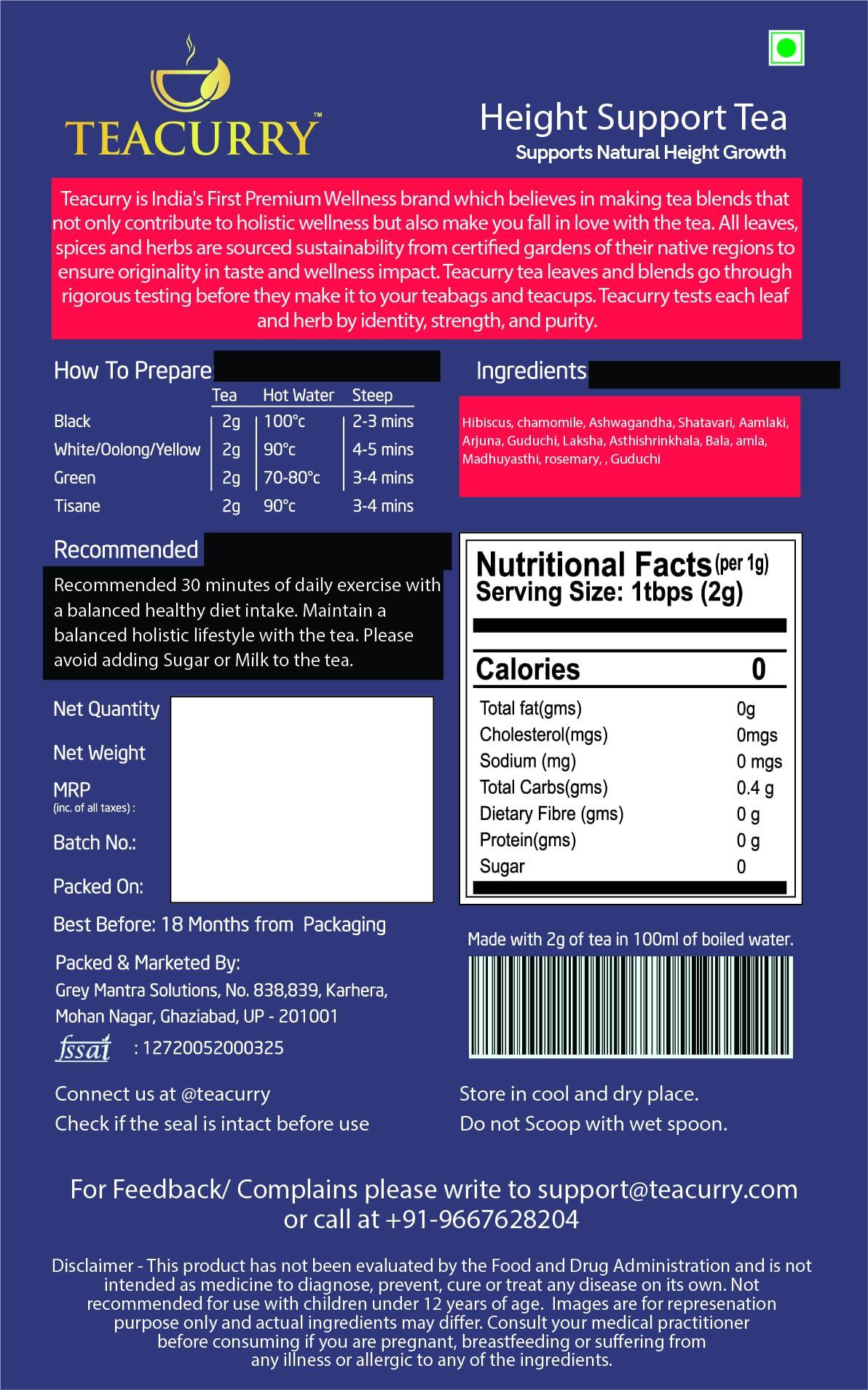 TEACURRY Teacurry Height Support Tea (30 Tea Bags) - Helps with Height Growth, Taller Look and Confident Naturally | Chemical Free (200 Gram Loose + Infuser)