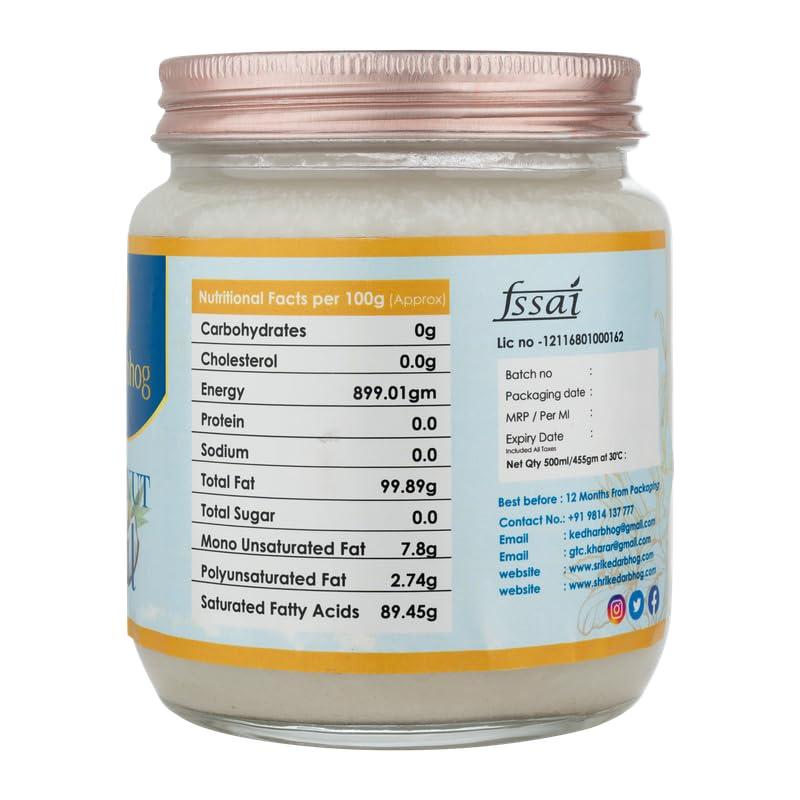 KEDARBHOG Kedarbhog Cold Pressed Virgin Coconut Oil, Naturally Cholesterol Free, Kolhu/Kacchi Ghani/Mara Chekku/Ganuga, For Daily Cooking with Multipurpose Usage, dried copra/coconut 500ml, Jar