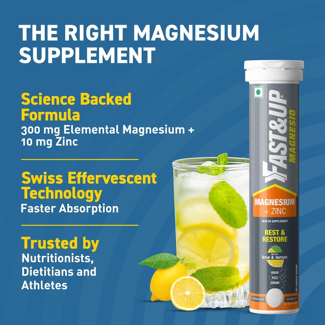 FAST&UP Fast&Up Magnesio - Restful Sleep Supplement - Magnesium & Zinc for Stress Management & Promoting Deep Sleep (60 Effervescent Tablets, Lime & Lemon Flavor)