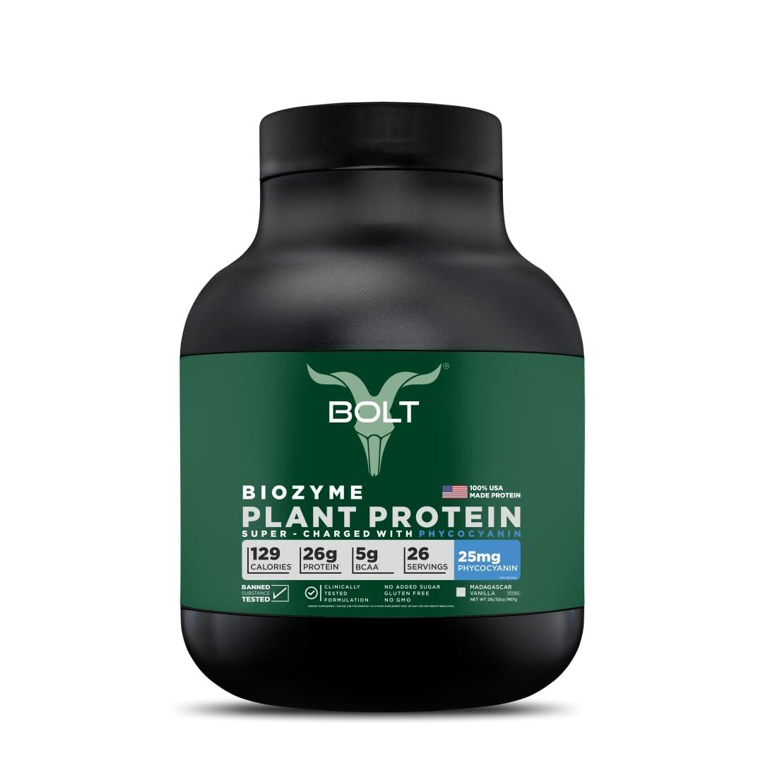 Bolt Bolt Biozyme Plant Protein | Vegan Protein with Superfood PHYCOCYANIN and Ayurvedic Herbs | Complete Amino Acid Profile for muscle Support and Recovery | 2Lb/32oz, 26 Servings | Madagascar Vanilla