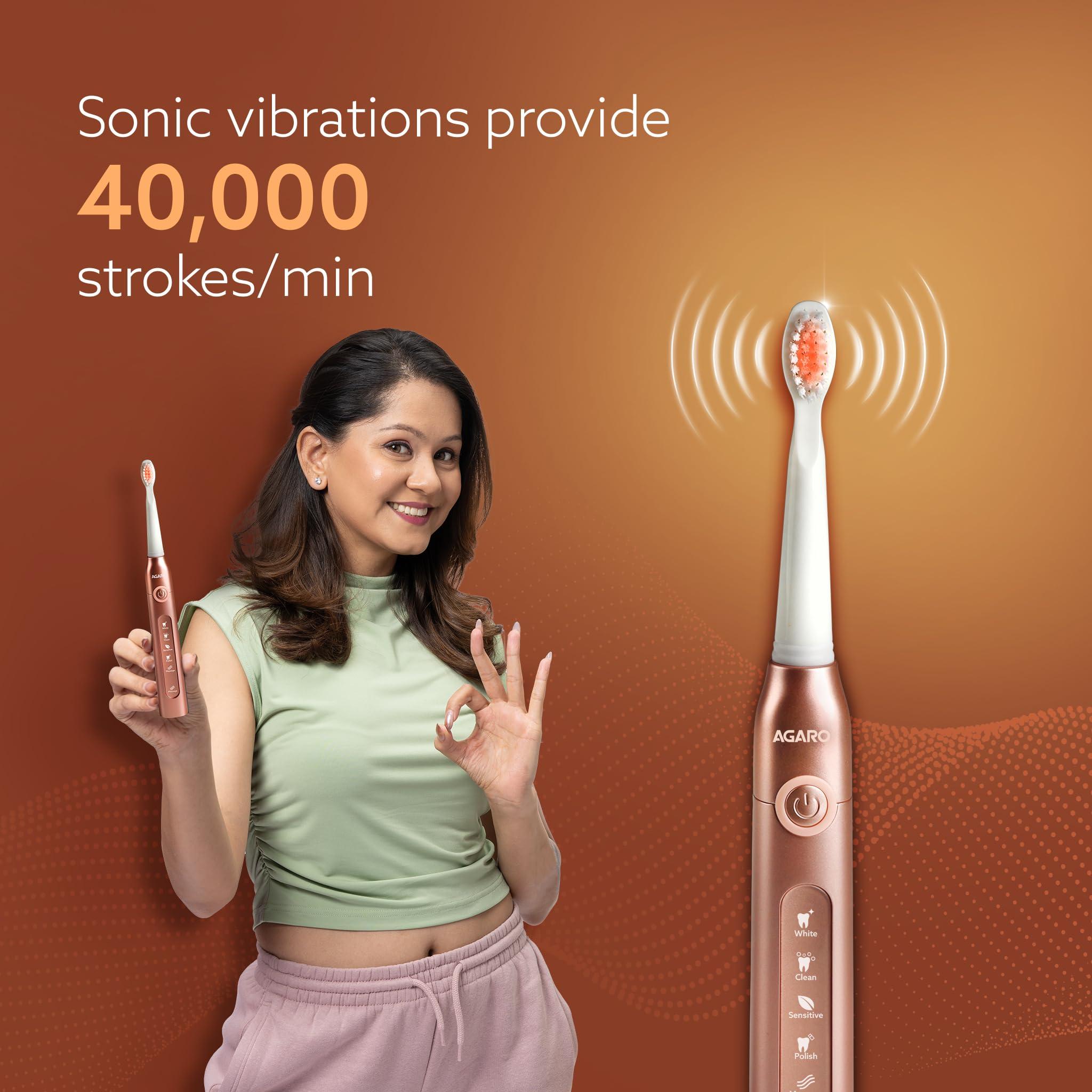 AGARO AGARO Cosmic Plus Sonic Electric Tooth Brush for Adults with 5 Modes, 5 Brush Heads, 1 Interdental Head, Carry Case & Rechargeable with 4 Hours Charge Lasting Up to 25 Days,Power Toothbrush(Rosegold)