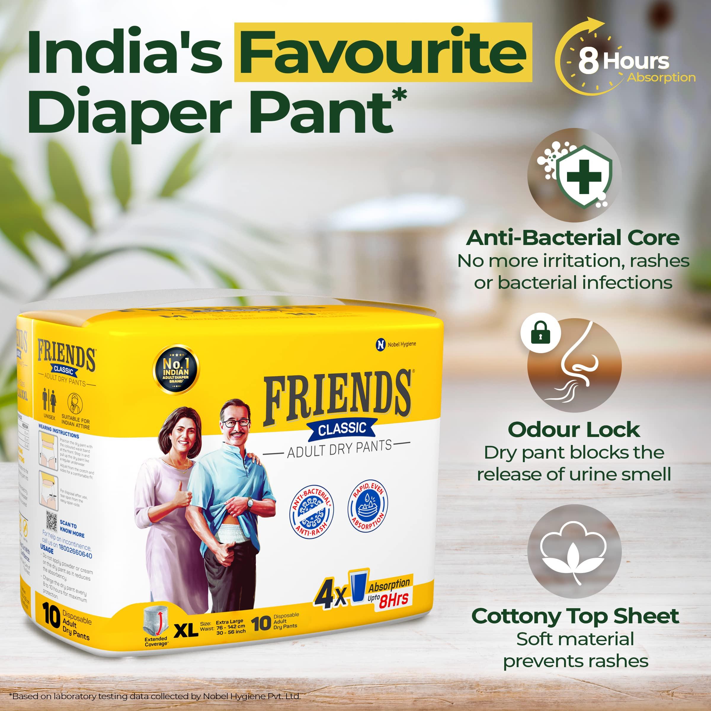 Friends Friends Classic Adult Diapers Pants Style -80 Count (Extra Large) with odour lock and Anti-Bacterial Absorbent Core- Waist Size 30-56 inch ; 76-142cm
