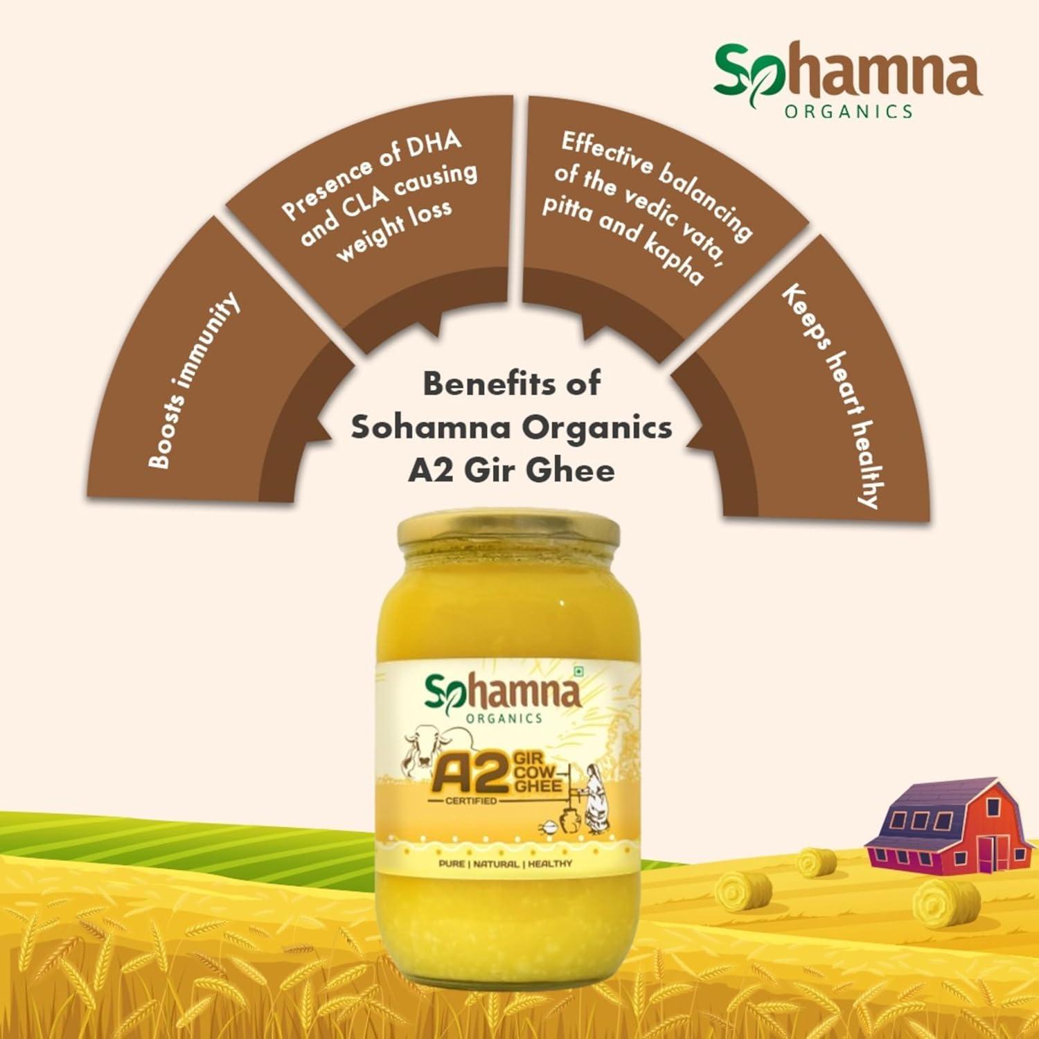 Sohamna Organics Traditional Vedic Ghee Premium A2 Gir Cow Cultured Ghee from Sohamna Organics | Vedic Bilona Two Way Hand Churned | Indian Gir Cow Ghee, Pure A2 Ghee, Natural & Healthy, Non-GMO (1 litre)