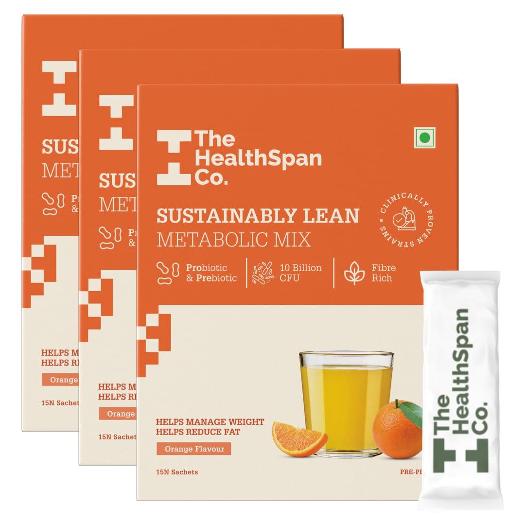 The Healthspan Co. The Healthspan Co. Sustainably Lean | Improve Metabolism To Manage Weight | For Men & Women | Fiber Rich | 10 BN CFU Probiotic | 45 Days Pack | Pack of 3 | Orange Flavour