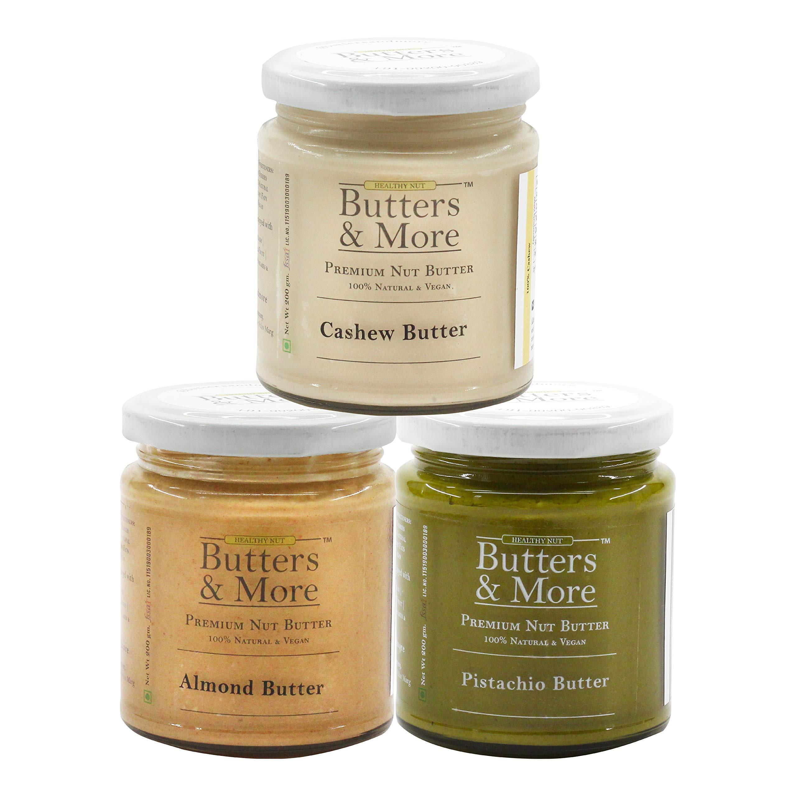 Butters & More Butters & More Classic, Vegan & Unsweetened Nut Butters Bundle. Almond Butter, Cashew Butter & Pistachio Butter. 200G Each. Super Saver Combo. Keto & Diabetic Friendly.