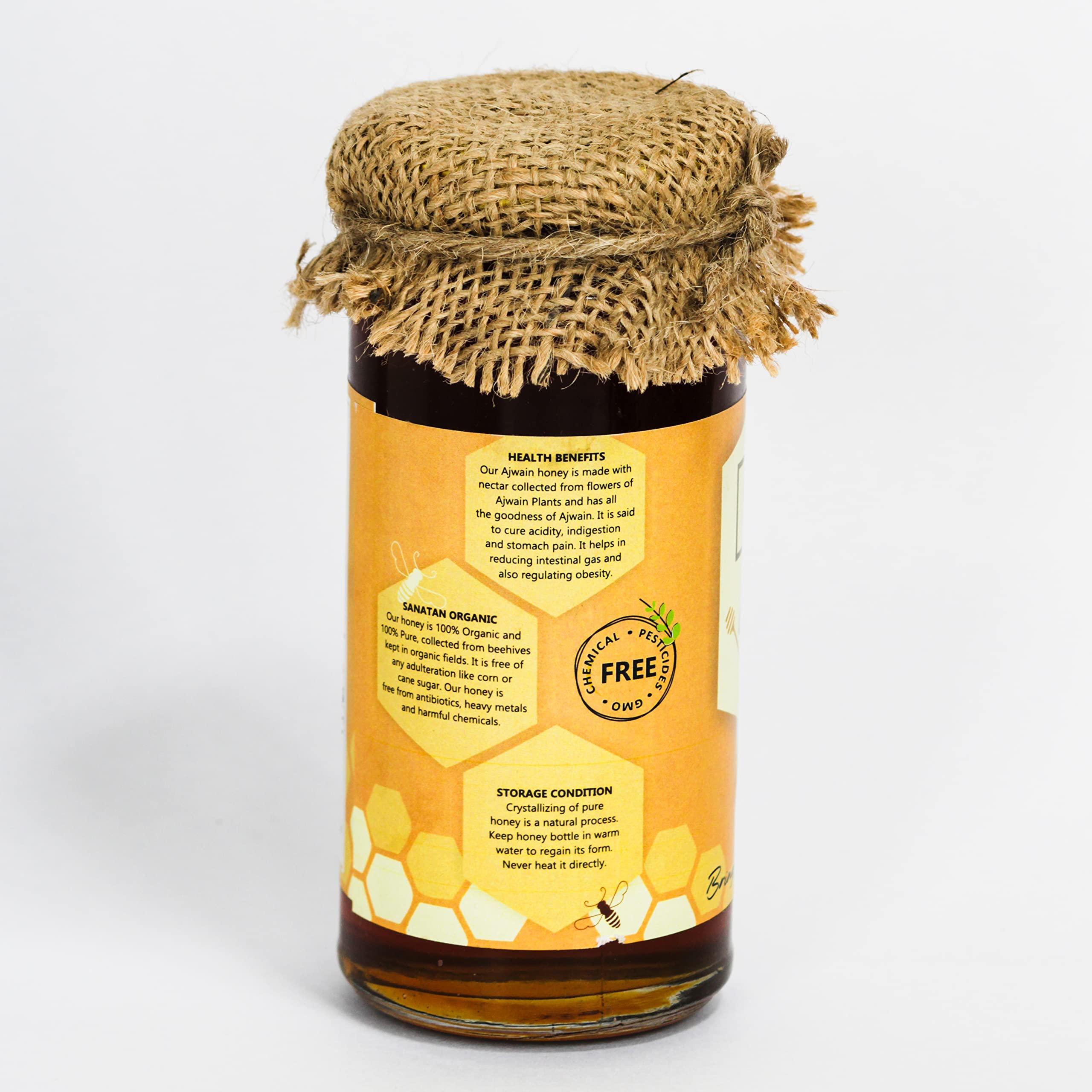 SANATAN ORGANIC Sanatan Organic Unprocessed and certified organic 100% Natural &Pure Ajwain Honey cures Gastric,Acidity,help in digestion|Preservative free|No artificals|No Added Sugar|Mono Flora Honey-250g Glass Jar
