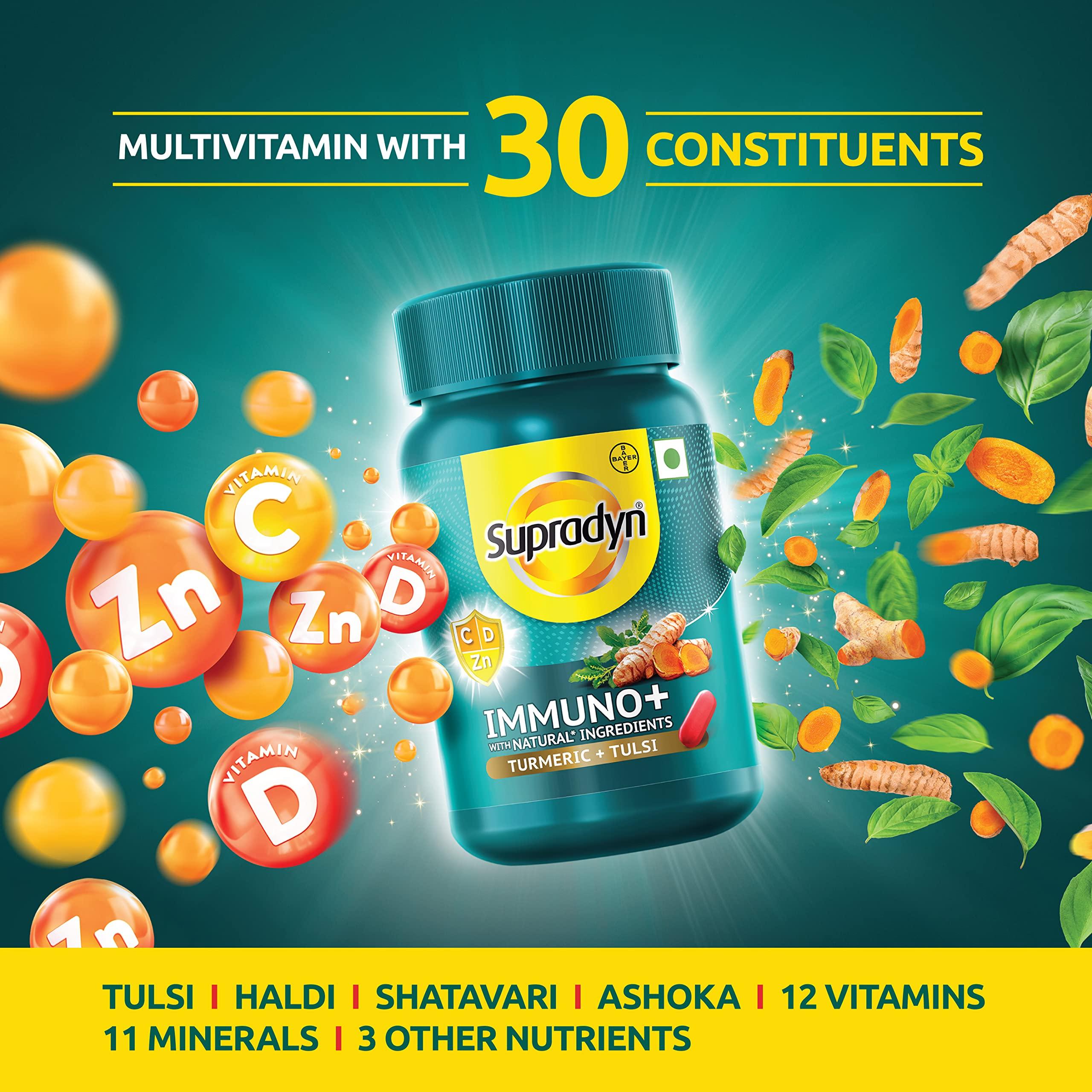 Supradyn Supradyn Immuno +, Multivitamin, Natural immunity booster with Vit C, Vit D, Zinc, Unique blend of Tulsi, Turmeric, Shatavari & Ashoka (Pack Of 3)