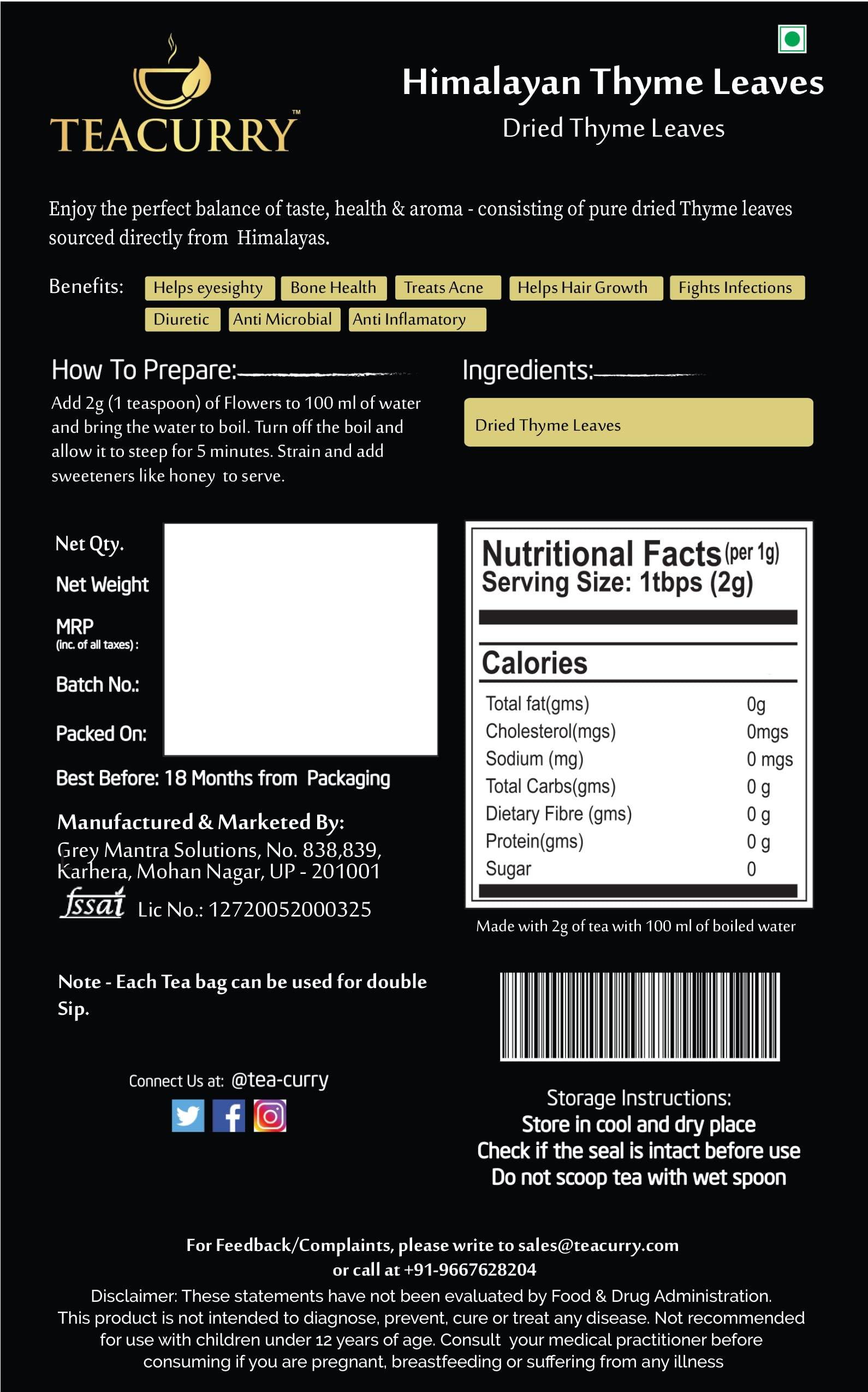 TEACURRY TEACURRY Himalayan Thyme Tea (25 Grams, 50 Cups) - Helps with Blood Pressure, Coughing & Immunity - Canadian Himalayan Thyme