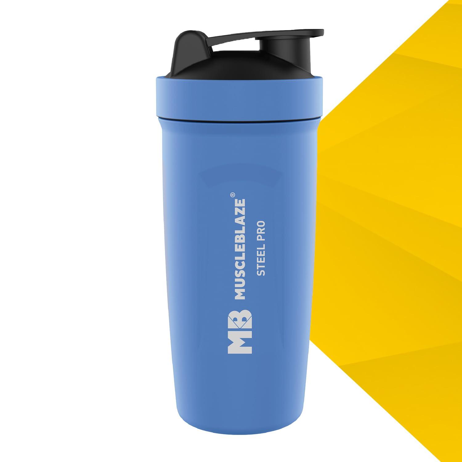 MuscleBlaze MuscleBlaze Steel Shaker 750 ml with Steel Whisk, Leakproof Gym Shaker Bottle for Supplements, Blizzard Blue