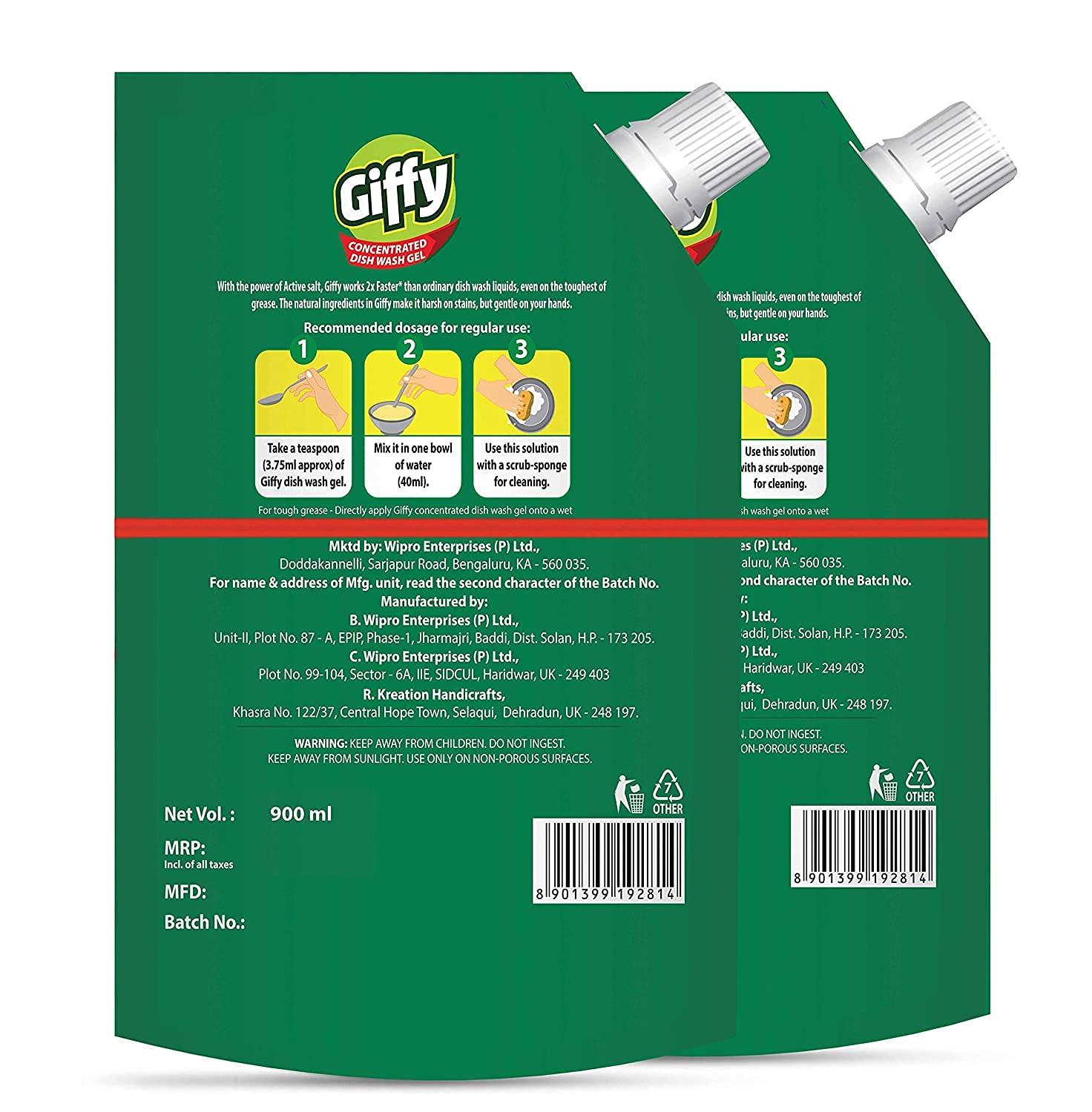 Giffy Giffy Green Lime & Active Salt Concentrated Dish Wash Gel by Wipro, 900 ml (Pack of 2) & Giffy Lemon & Active Salt Concentrated Dish Wash Gel by Wipro, 900ml (Pack of 2)