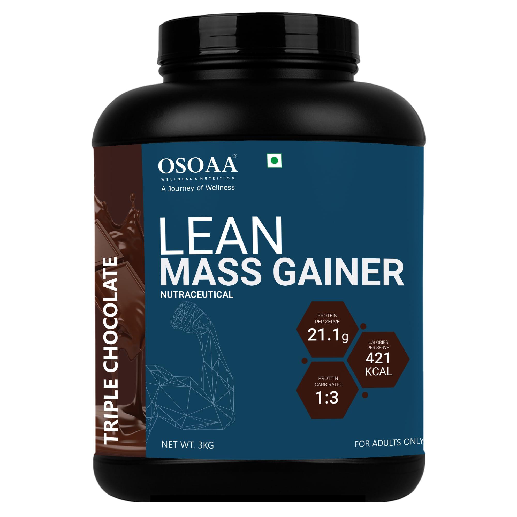 OSOAA OSOAA Lean Mass Gainer 3Kg |(Triple Chocolate) | With 3g Creatine & 21g Protein | 420 Calories & 21G Protein | Added Digestive Enzymes | 28 Added Vitamins