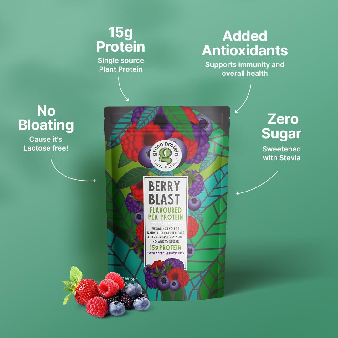 Green Protein GREEN PROTEIN Pea Protein Isolate Powder, Vegan Plant Protein, No Added Sugar, 100% Vegan, Soy Free, Dairy Free, Gluten Free, Allergen Free, Berry Blast Flavor, 15g Protein Per Serving, Pouch (500g)