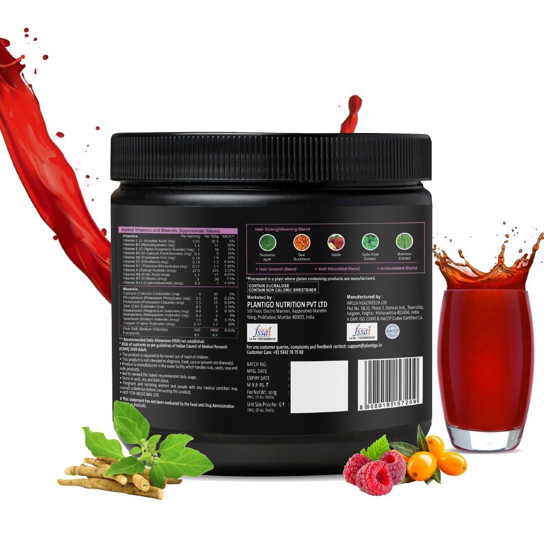 PLANTIGO Plantigo Biotin for Hair Growth | Vegan Biotin Supplement Powder for Men and Women Hair Thickness, Density and Repair | Sesbania Agati, Sea Buckthorn, Bamboo Shoot, Amla - (Mixed Berry Flavor - 300g)