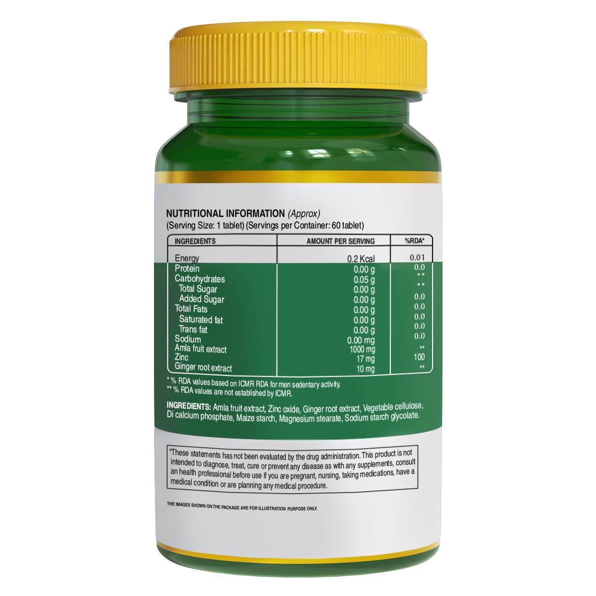 Pure Nutrition Naturals Pure Nutrition Vitamin C with Amla Extract + Zinc Supplement | Boost Immunity | Support In Skin & bone Health - 60 Veg Tablets