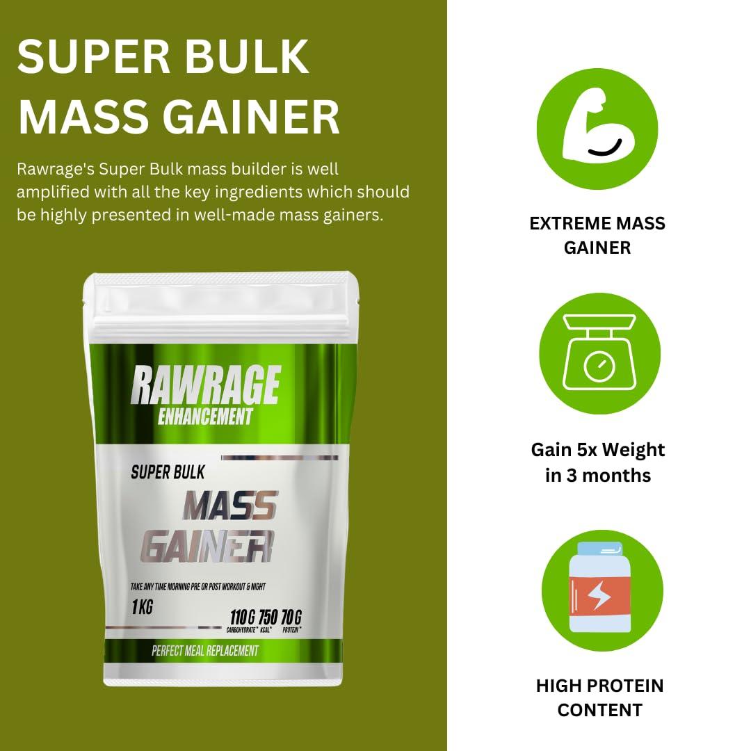 RAWRAGE Rawrage Super Bulk Mass Gainer | High Protein & High Calorie Weight Gainer Powder with Vitamins and Minerals | Gain Super Size - 2 kg (Chocolate)