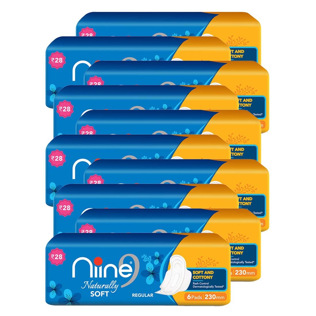 NIINE NIINE Naturally Soft Regular Sanitary Pads for women, (Pack of 10), 60 Pads Count