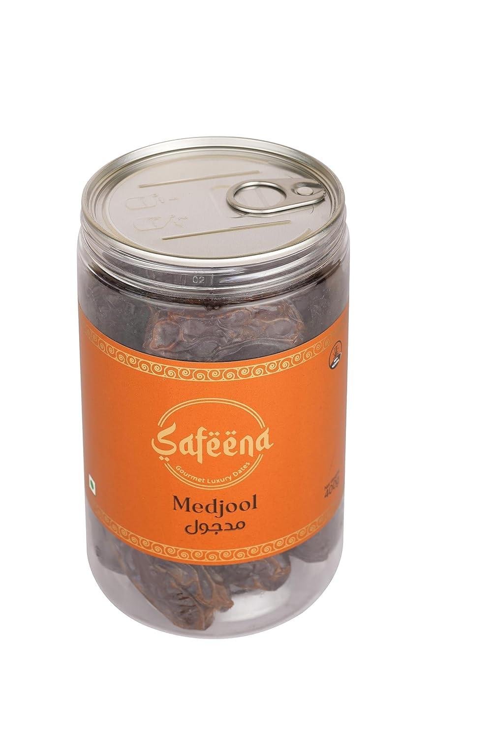 SAFEENA Safeena Jumbo Seedless (Pitted) Medjool Dates 400G | 100% Natural | No Added Sugar | No Preservatives | Gluten Free | Vegan | Non-Gmo | Khajur | Khajoor | Instant Energy | Rich In Calcium & Iron |Seedless| Fresh | Juicy & Delicious | Naturally Sweet