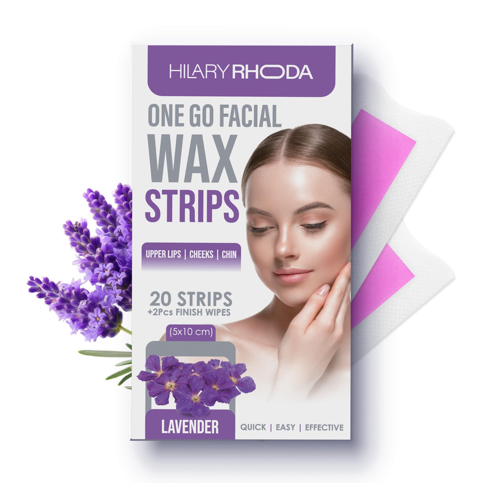 Hilary Rhoda Hilary Rhoda One Go Facial Wax Strips | Ready-To-Use Facial Wax Strips | Face, Cheek, Upper Lip & Chin Facial Wax | Painless Hair Removal | With 2 Finish Wipes | 20 Strips (Lavender)