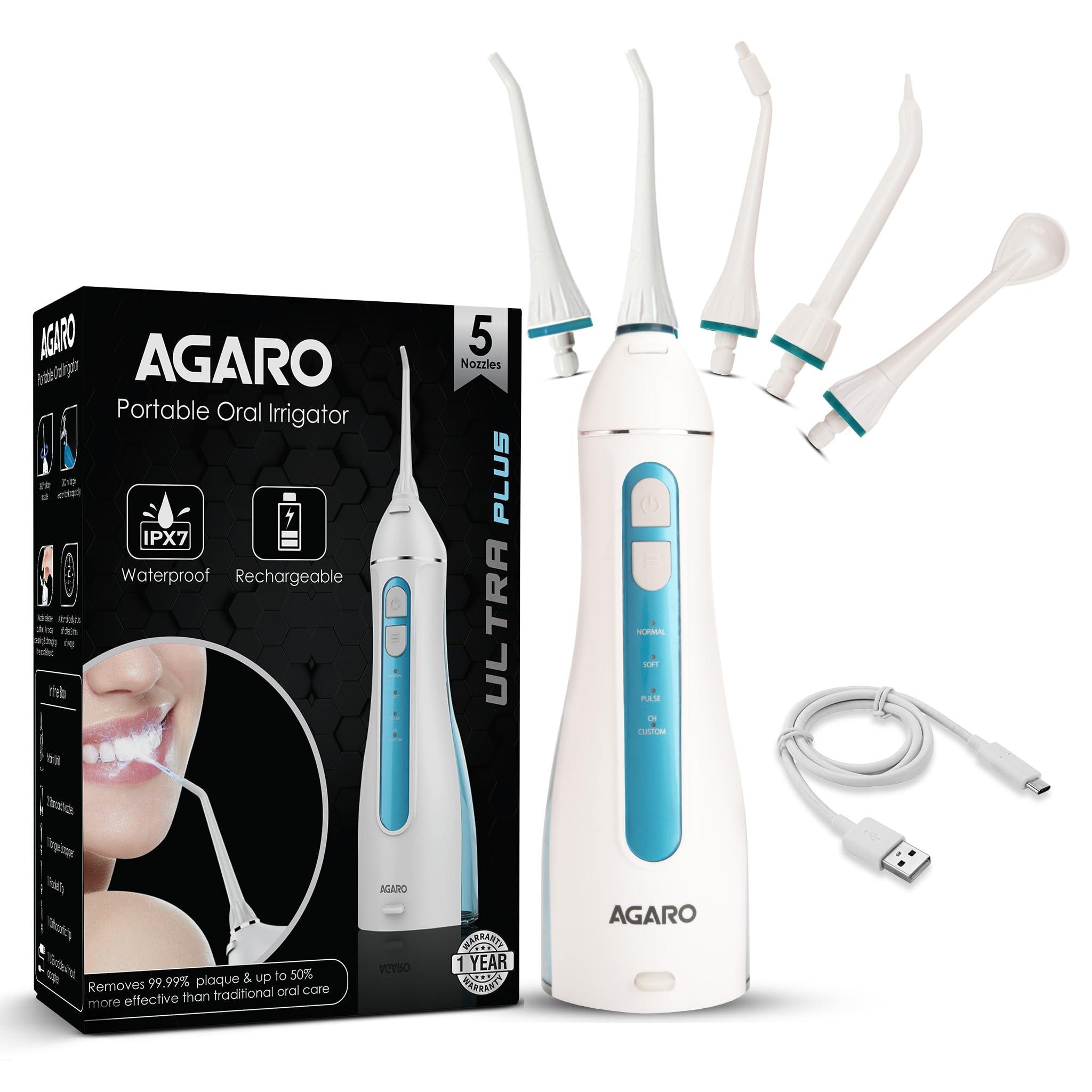 AGARO AGARO Ultra Plus Portable Dental Flosser for teeth, 5 Nozzles, Portable,Cordless & Rechargeable,4 Cleaning Modes,IPX7 Waterproof with 200ml Watertank, Flossing at Home & Travel,Oral Flosser,Oral Irrigator