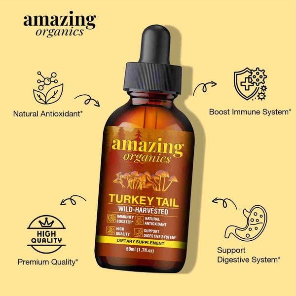 AmazingOrganics Turkey Tail Mushroom Drops - Potent Extract for Daily Wellness, Easy-to-Use, Natural Supplement"