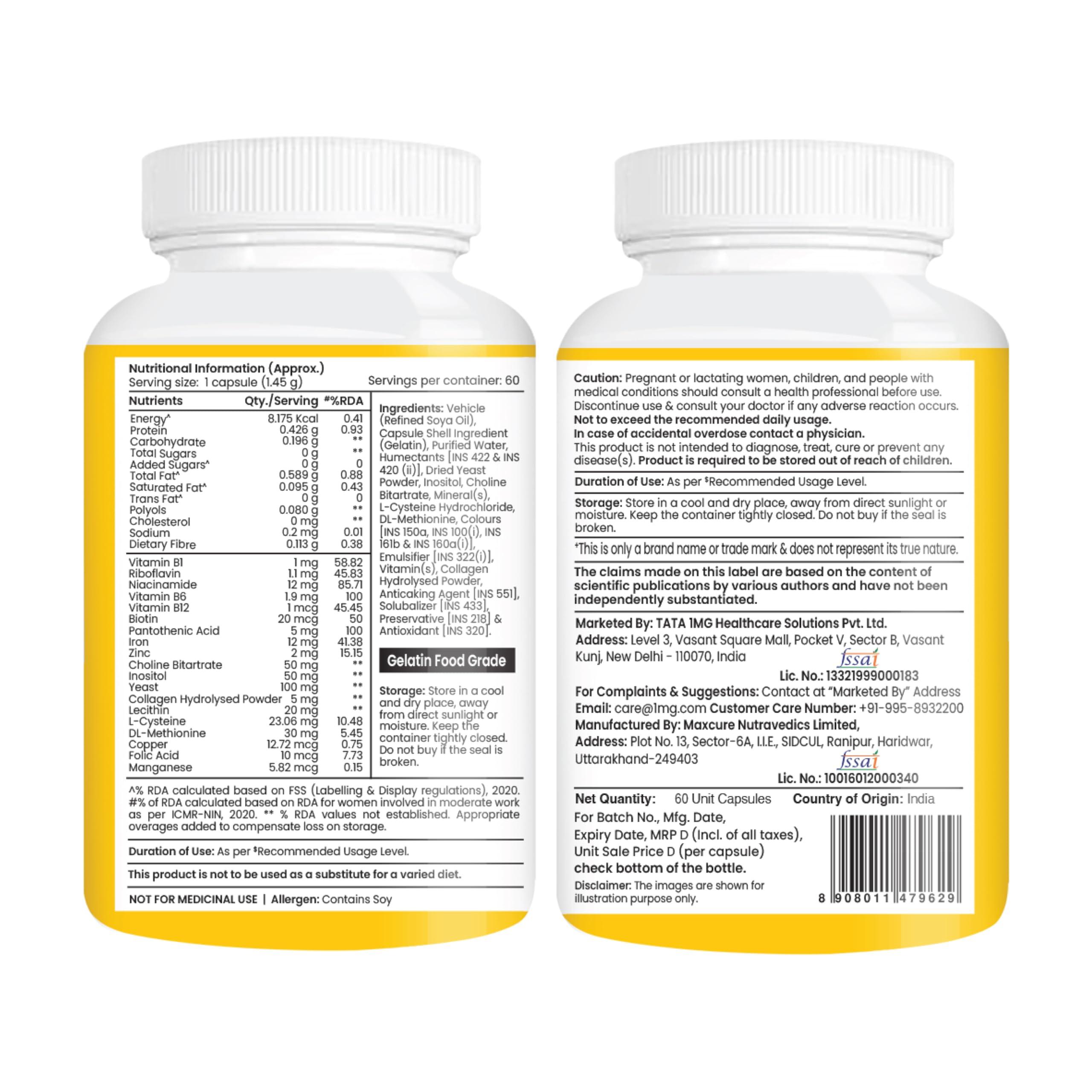 TATA 1MG Tata 1mg Hair, Skin & Nails Supreme Biotin Capsule with Collagen, Zinc, Iron and Vitamin B, For Men & Women, Pack of 60