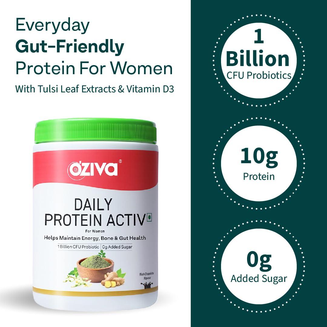 OZiva OZiva Daily Protein Activ for Women | Best Protein Powder for Women with 120g Protein, Probiotics, Shatavari for Increased Energy Levels, Bone Health and Hormonal Balance 300g (Chocolate, Pack 1)