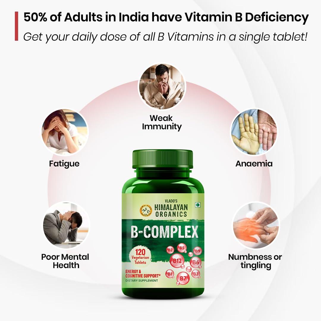 HIMALAYAN ORGANICS Himalayan Organics Vitamin B Complex with 100% RDA B1, B2, B3, B5, B6, B7, B9 & B12 | Hair Growth, Energy & Immunity | Youthful Skin - 120 Veg Tablets