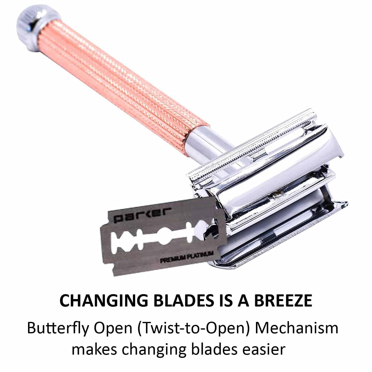 PARKER Safety Razor Parker 29L Long Handle Women's Double Edge Butterfly Open Double Edge Safety Razor (Rose Gold) with 5 Parker Premium Platinum Blades Textured Plated Brass Handle