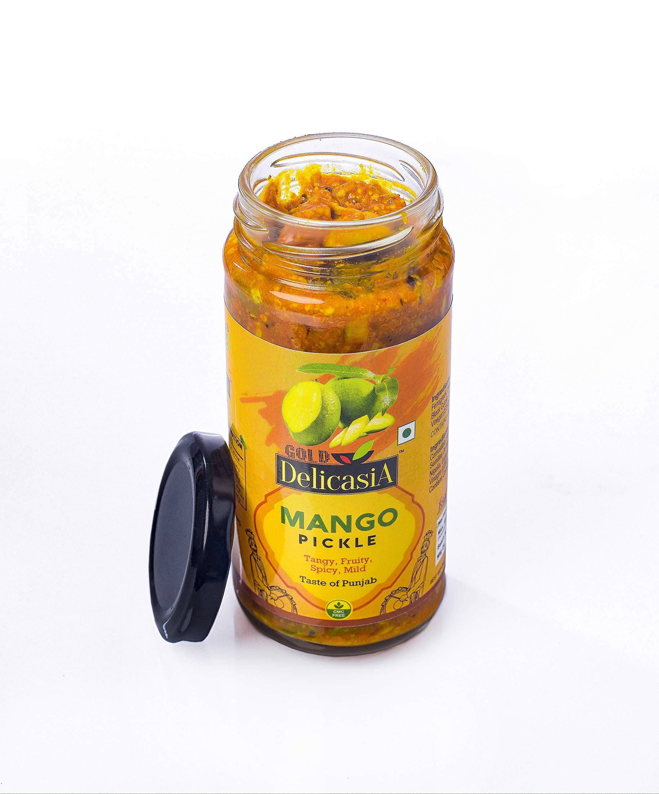 DELICASIA DELICASIA Gold Mango Pickle 250 gm Brand of SR's. Indian Flavor. NO Artificial Color and Flavors. Gluten Free. 77 Years of Trust