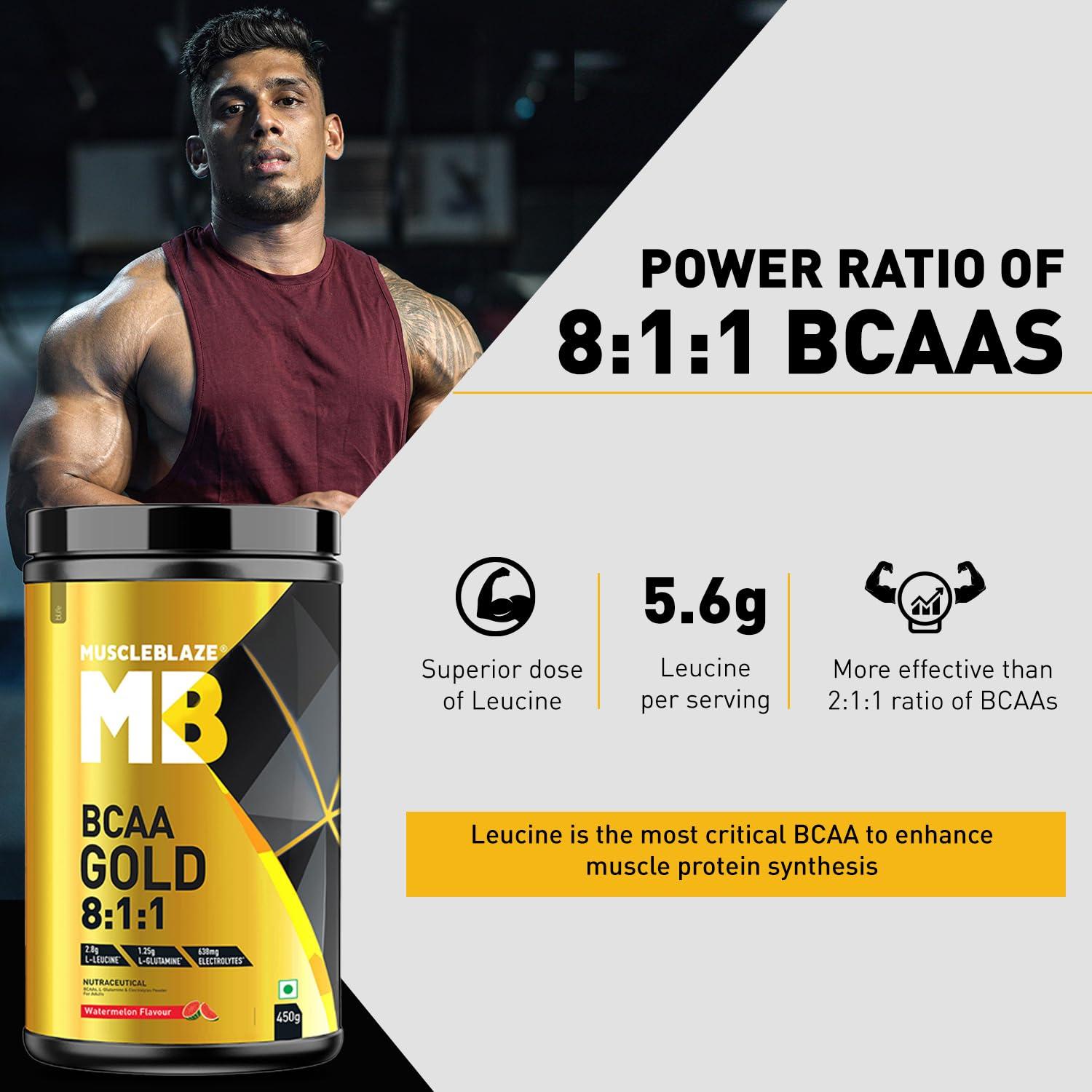 MuscleBlaze MuscleBlaze Bcaa Gold 8:1:1 Powder (Watermelon, 450G, 60 Servings) | With Higher Leucine, Electrolytes & Glutamine