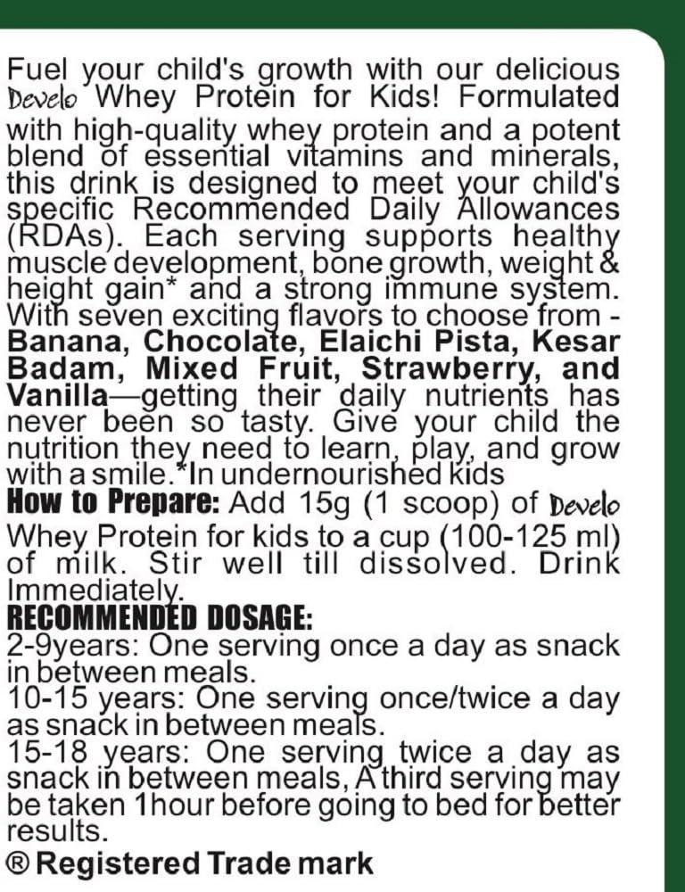 DEVELO Develo Whey Protein Powder for Little Kids (2-12 years) & Teenager Children, Boys & Girls - 1kg kesar Badam Flavour