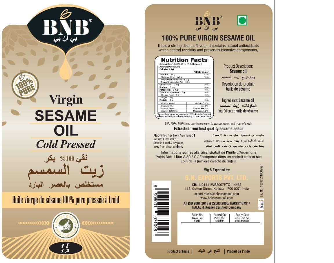 BNB BNB Virgin Sesame Oil | Til Oil | Gingelly Oil | Cold Pressed | Light Cooking Oil | Puja Oil | For Tempering, Sautéing, & Finishing | Neutral Flavour| 100% Pure | 6 Litre
