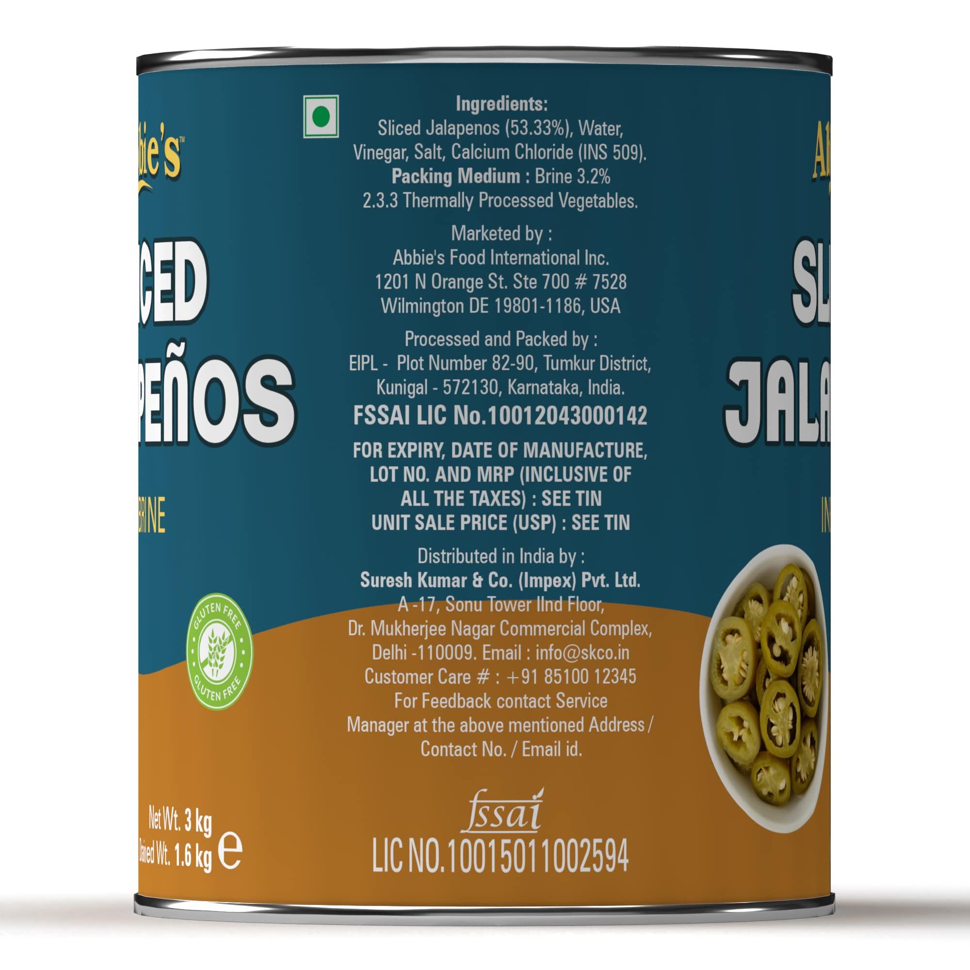 Abbie's Abbie's Jalapeno Slice in Brine A10, 3 kg | Ready to Eat Jalapeno Pickle | Perfect for Toppings in Pizza,Pasta , Sandwich,Nachos , Salad