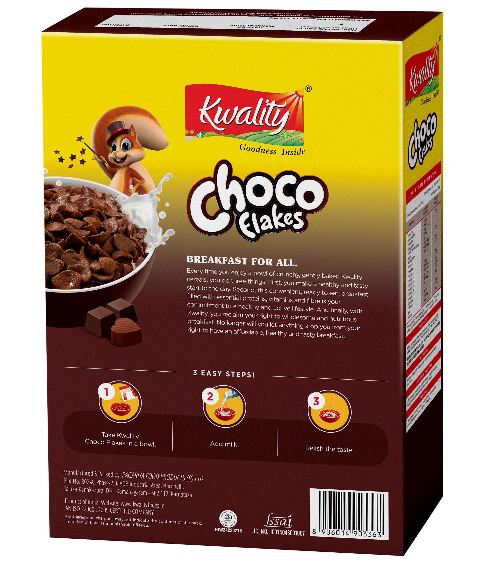 KWALITY Kwality Choco Flakes 375g (Pack 2) | Made with Whole Wheat, 0% Maida | Source of Protein & Fiber | Richness of Chocolate | Healthy Food & Breakfast Cereal for Kids