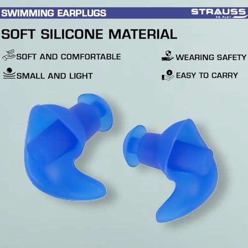 STRAUSS Strauss Swimming Earplugs | Waterproof and Reusable Silicone Swimming Ear Plugs|Noise Cancellation, Soundproof Earplug Can Be Used For Swimming,Flight and Travel| Suitable for Kids and Adults,(Blue)