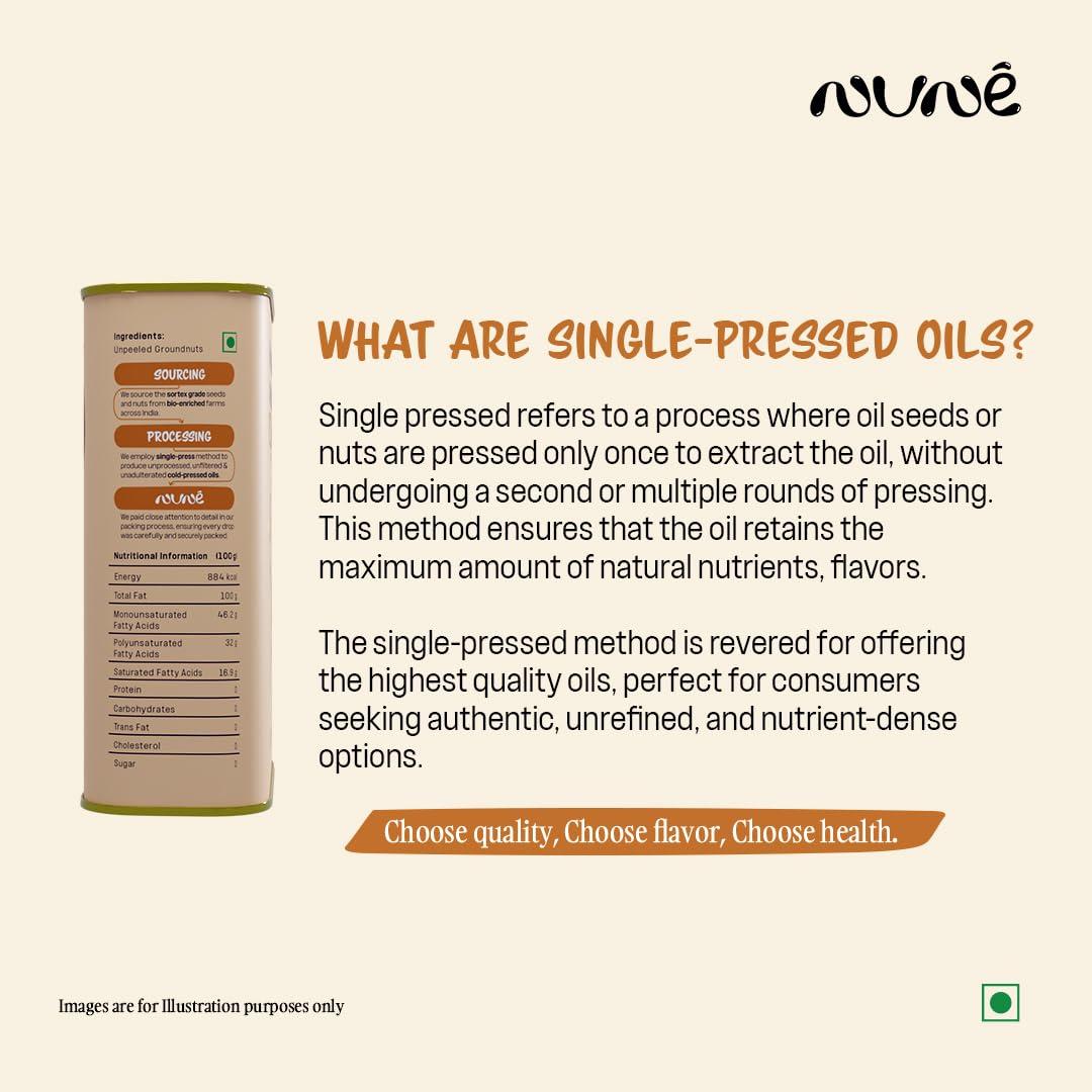 nune Nune Virgin Organic Cold Pressed Groundnut Oil - 1 Litre 100% Pure Natural & Certified Unrefined Cooking Oil | Rich Aroma & Real Flavoured Oil