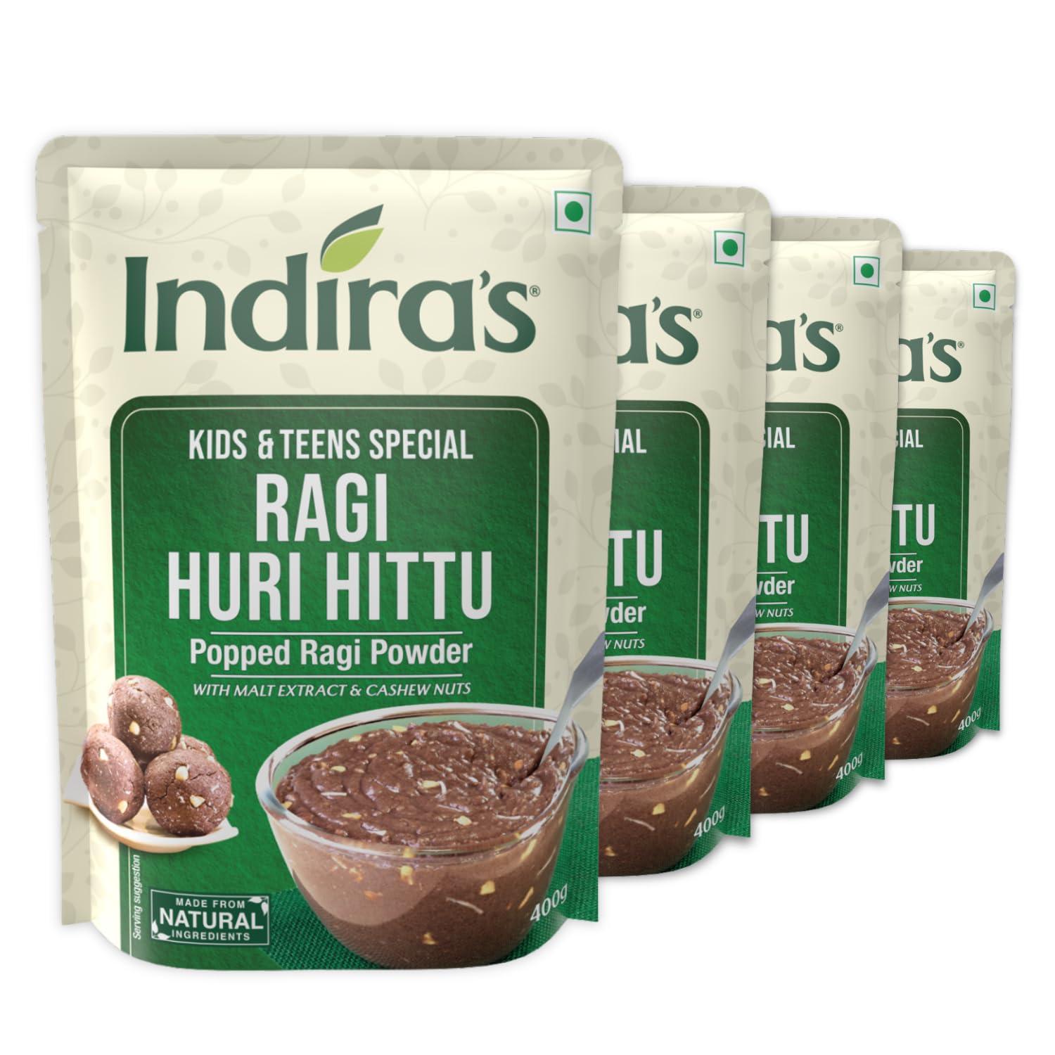 INDIRA Indira’s Ragi Huri Hittu - Teens & Kids Special, Popped Ragi Flour with Cashew Nuts, Malt, Spices (400g, Pack of 4), Ragi Malt Mix, Instant Ragi Porridge Mix, Ragi Laddu Mix