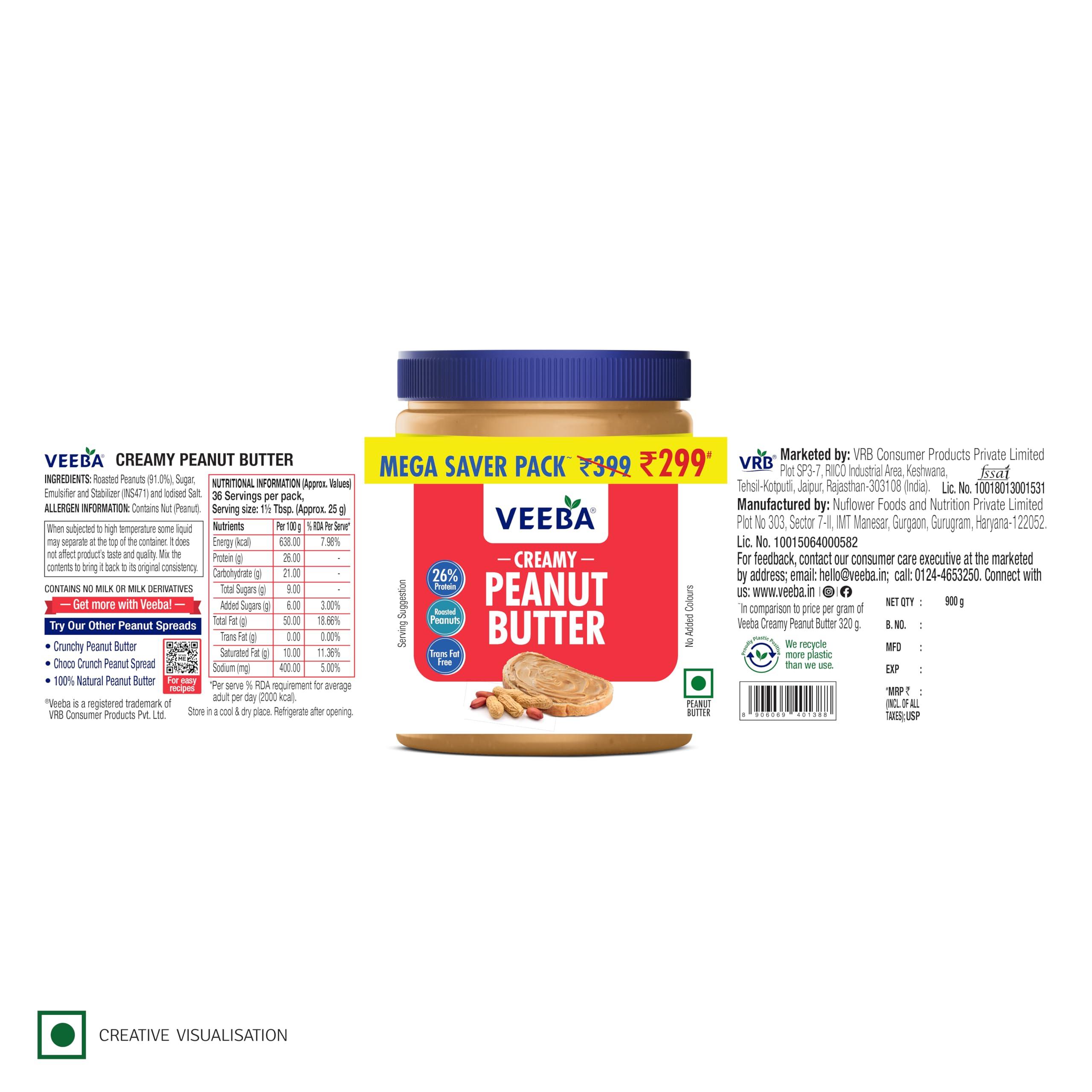 VEEBA Veeba Creamy Peanut Butter| High Protein | Naturally Gluten Free | Vegan | Trans Fat Free | No Added Preservatives | No Added Colour & Flavour | Non GMO | 925g
